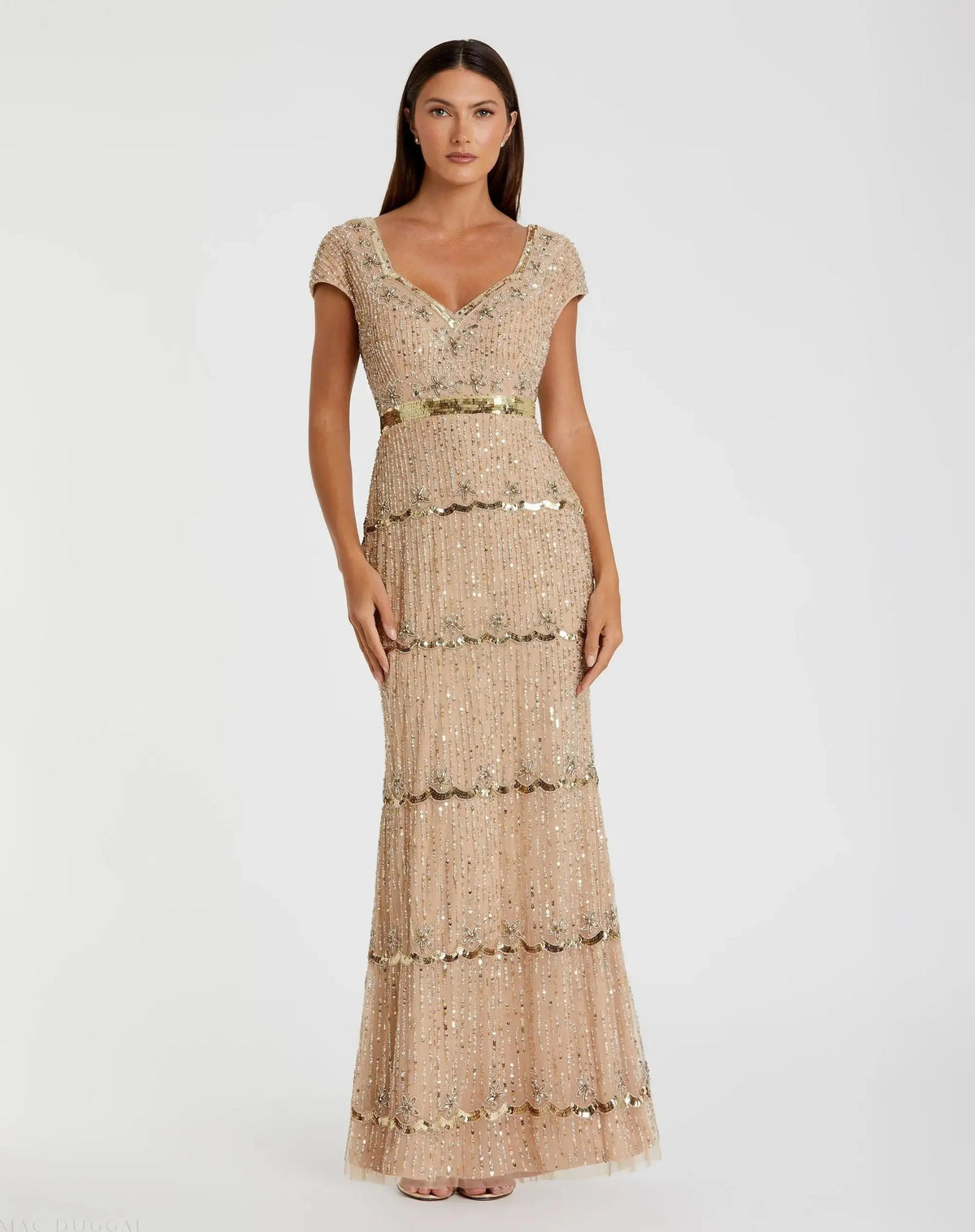 Cap Sleeve Sweetheart Neckline Beaded Sequin Column Gown