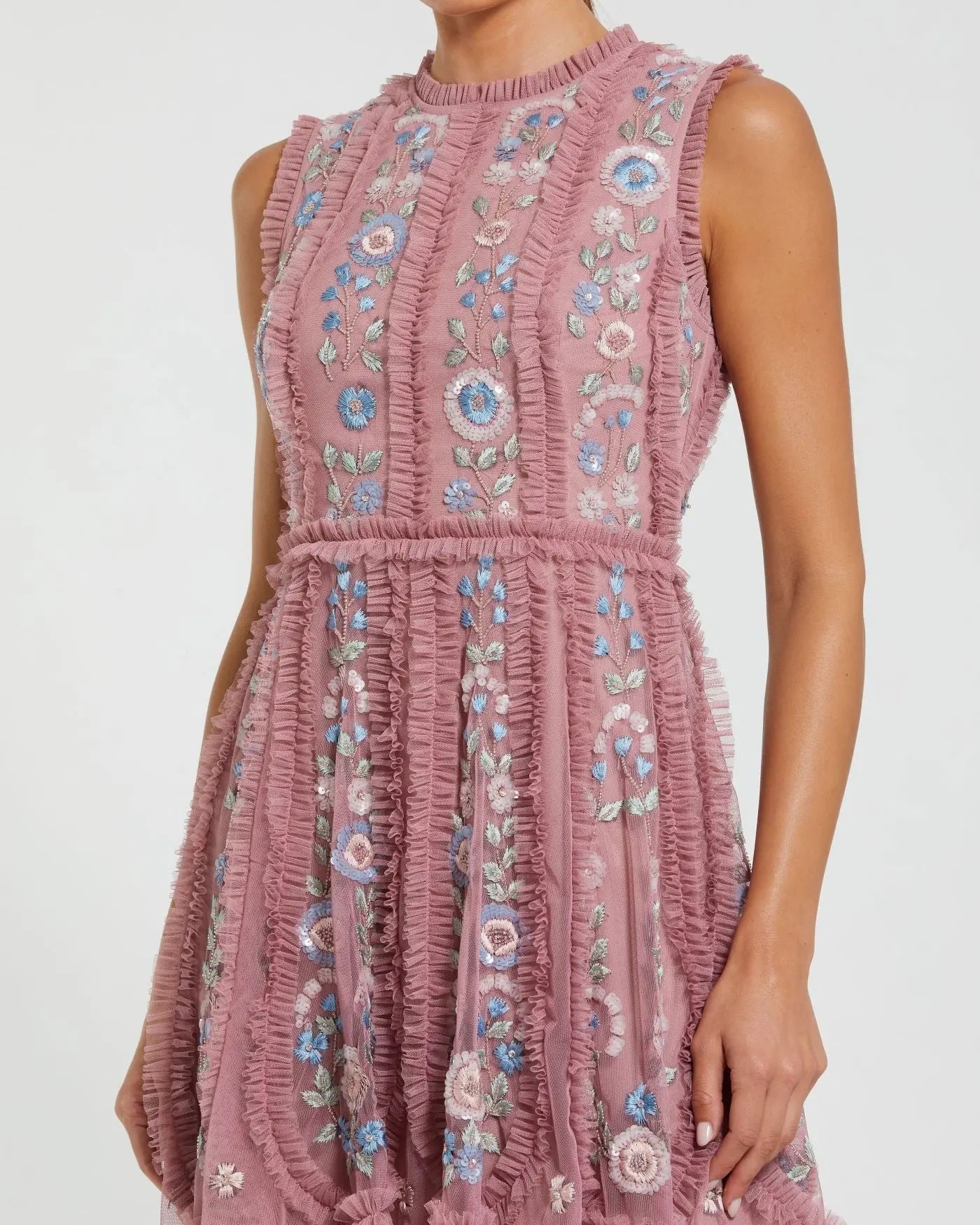 Pink Sleeveless High Neck Embroidered Mini Dress