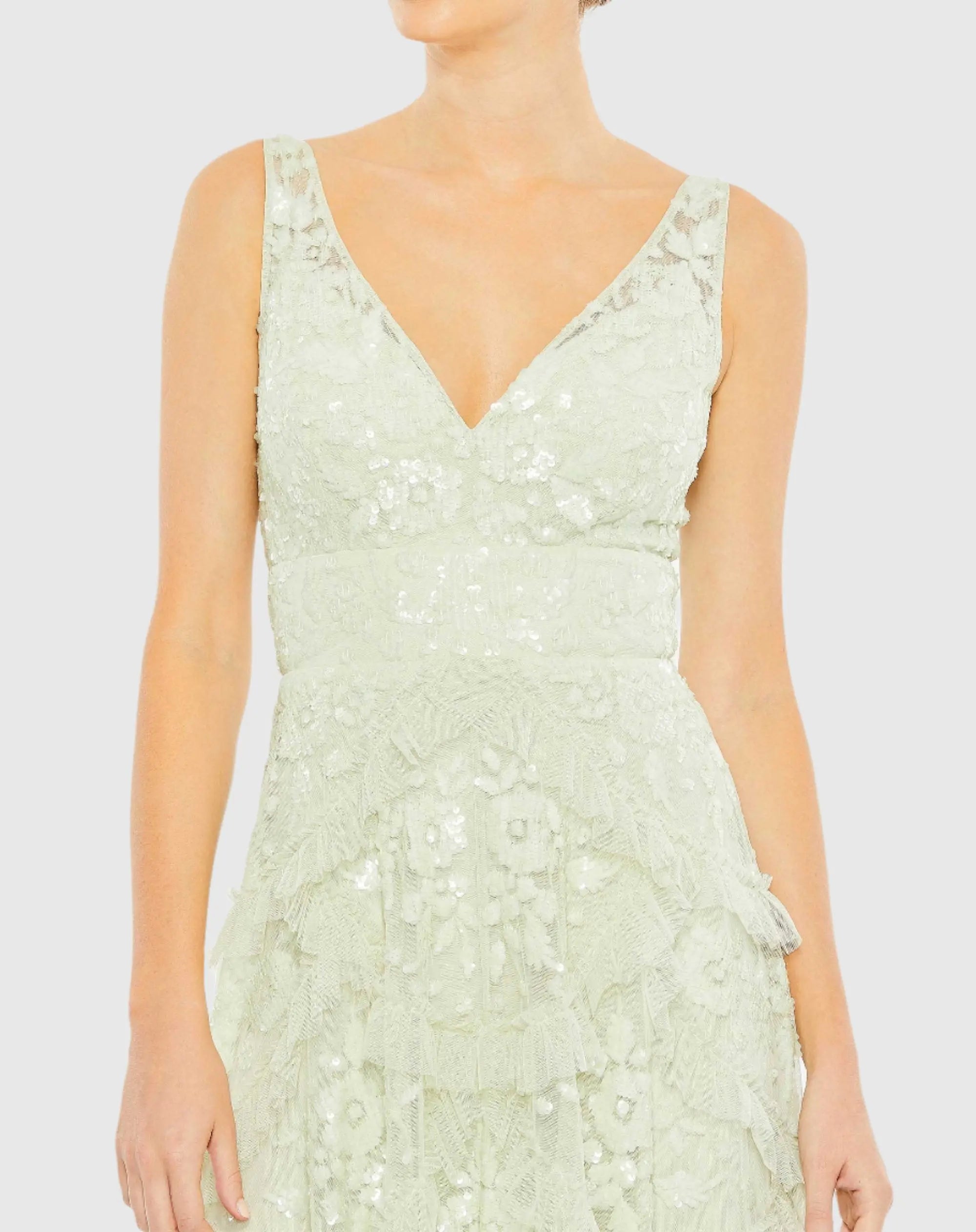 Green Sequined Scallop Ruffle Tiered V-Neck Gown