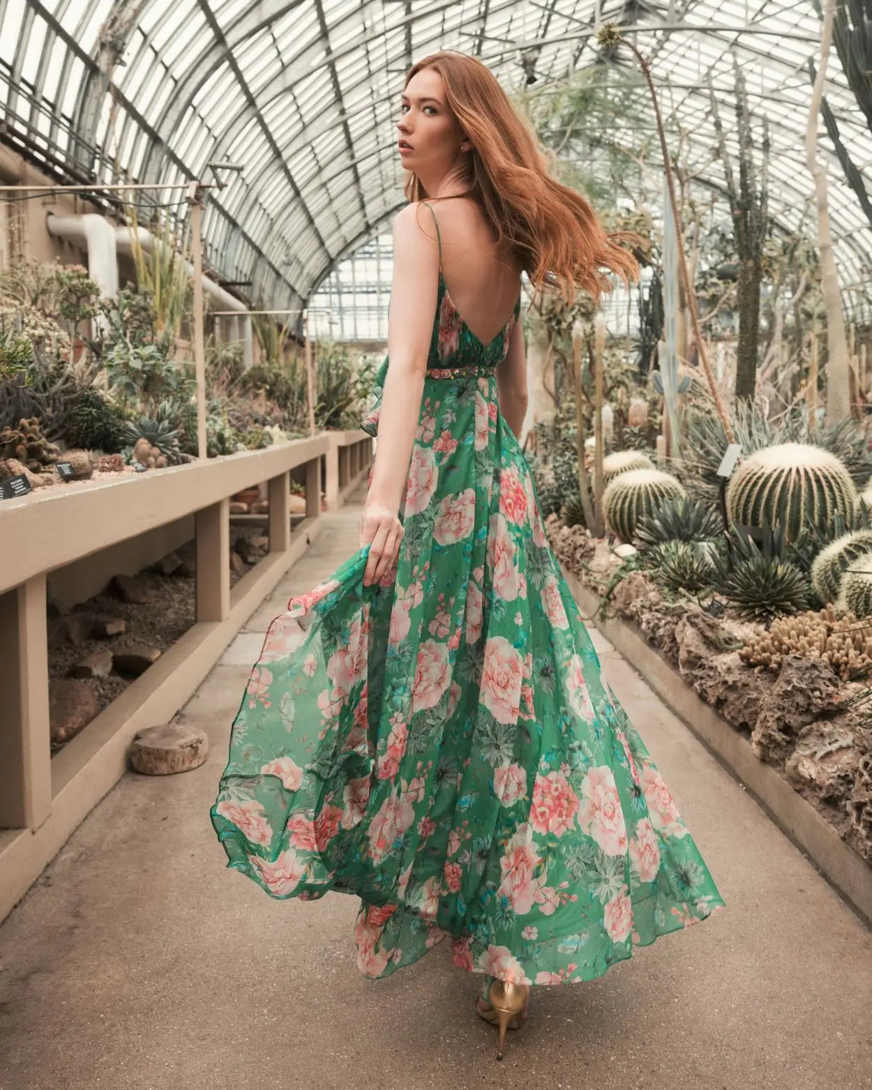 Green Floral Print Ruffled Wrap Over A Line Gown