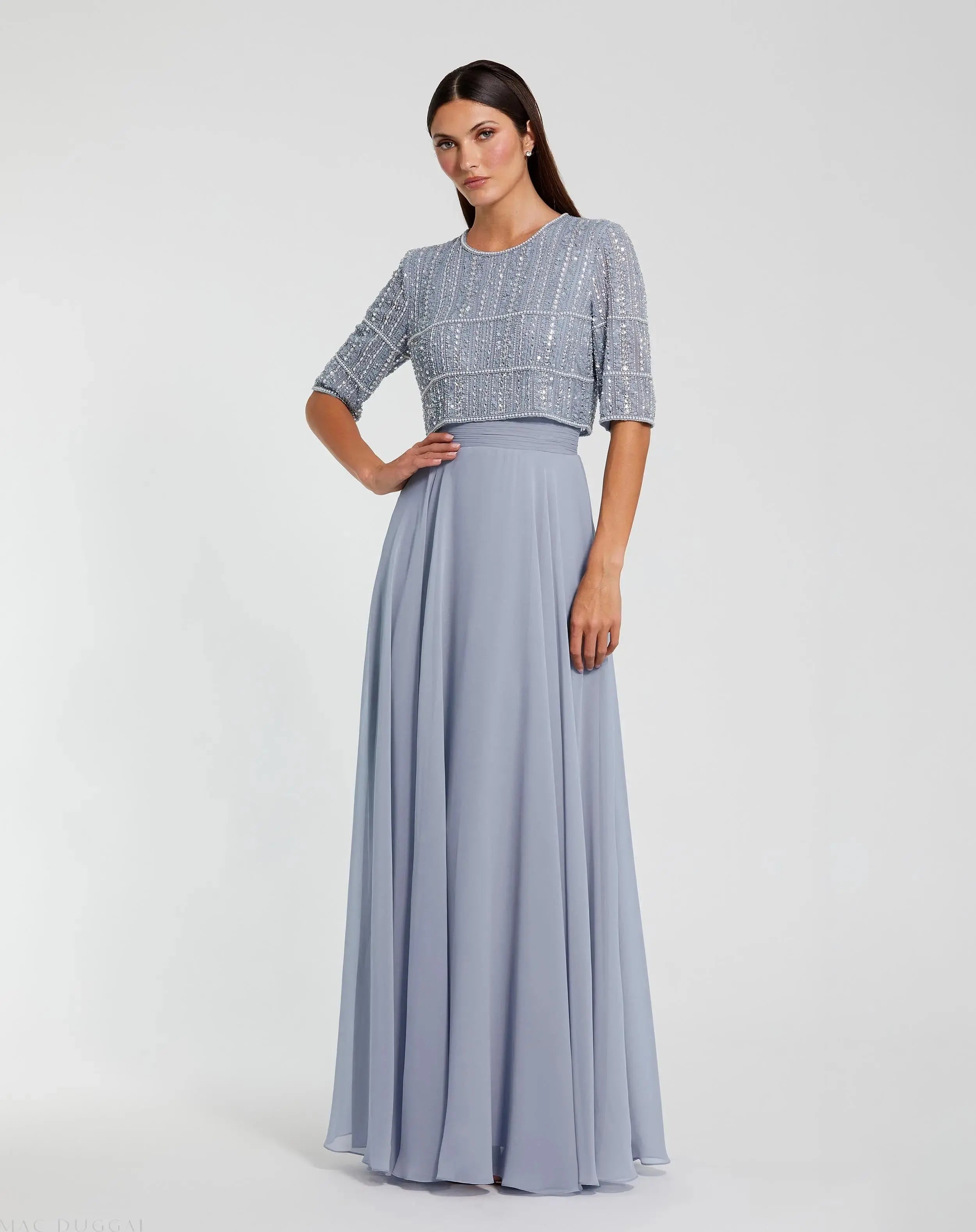 Chiffon Gown w/ Fully Beaded 3/4 Sleeve Top