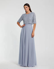 Chiffon Gown w/ Fully Beaded 3/4 Sleeve Top