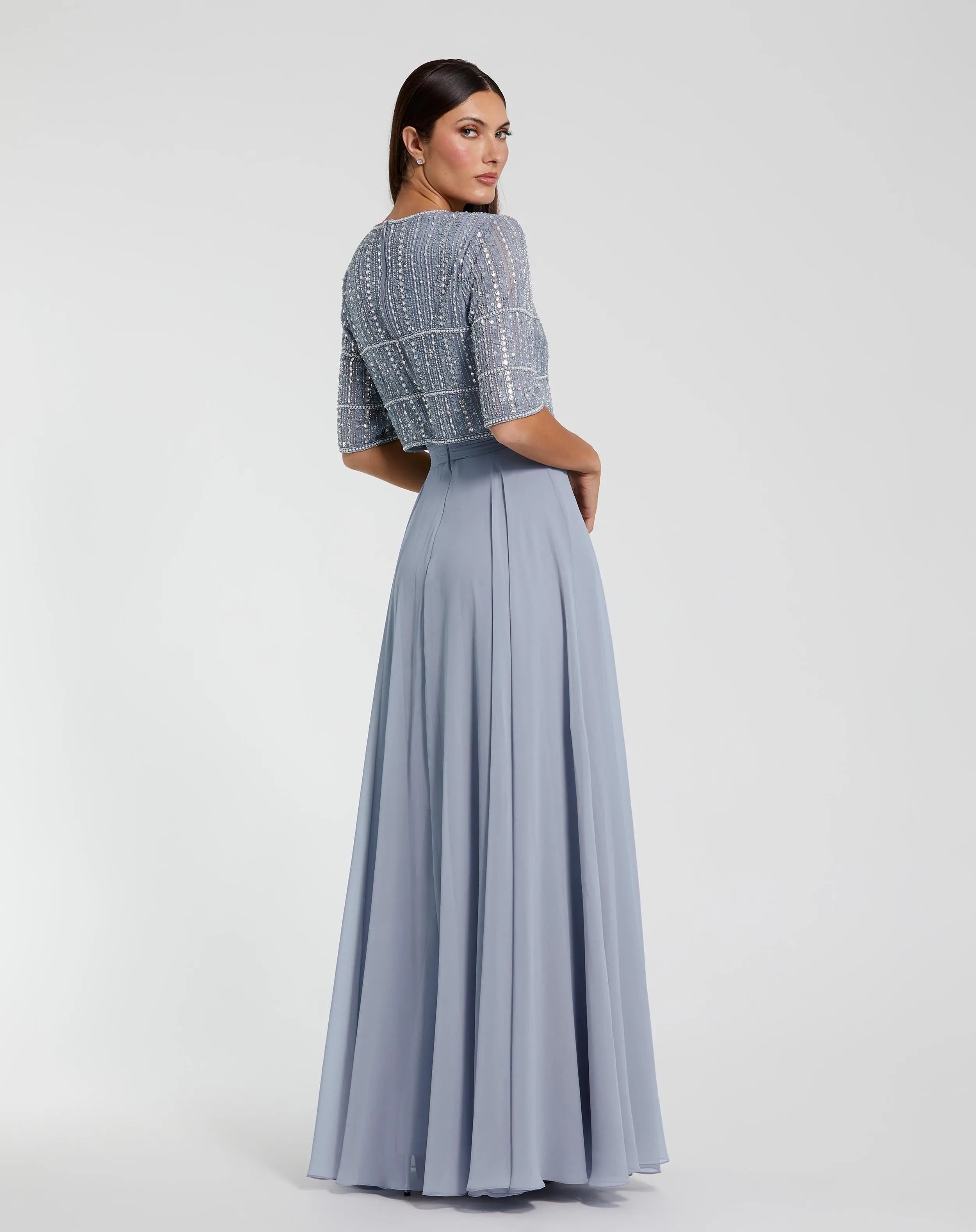 Blue Chiffon Gown w/ Fully Beaded 3/4 Sleeve Top