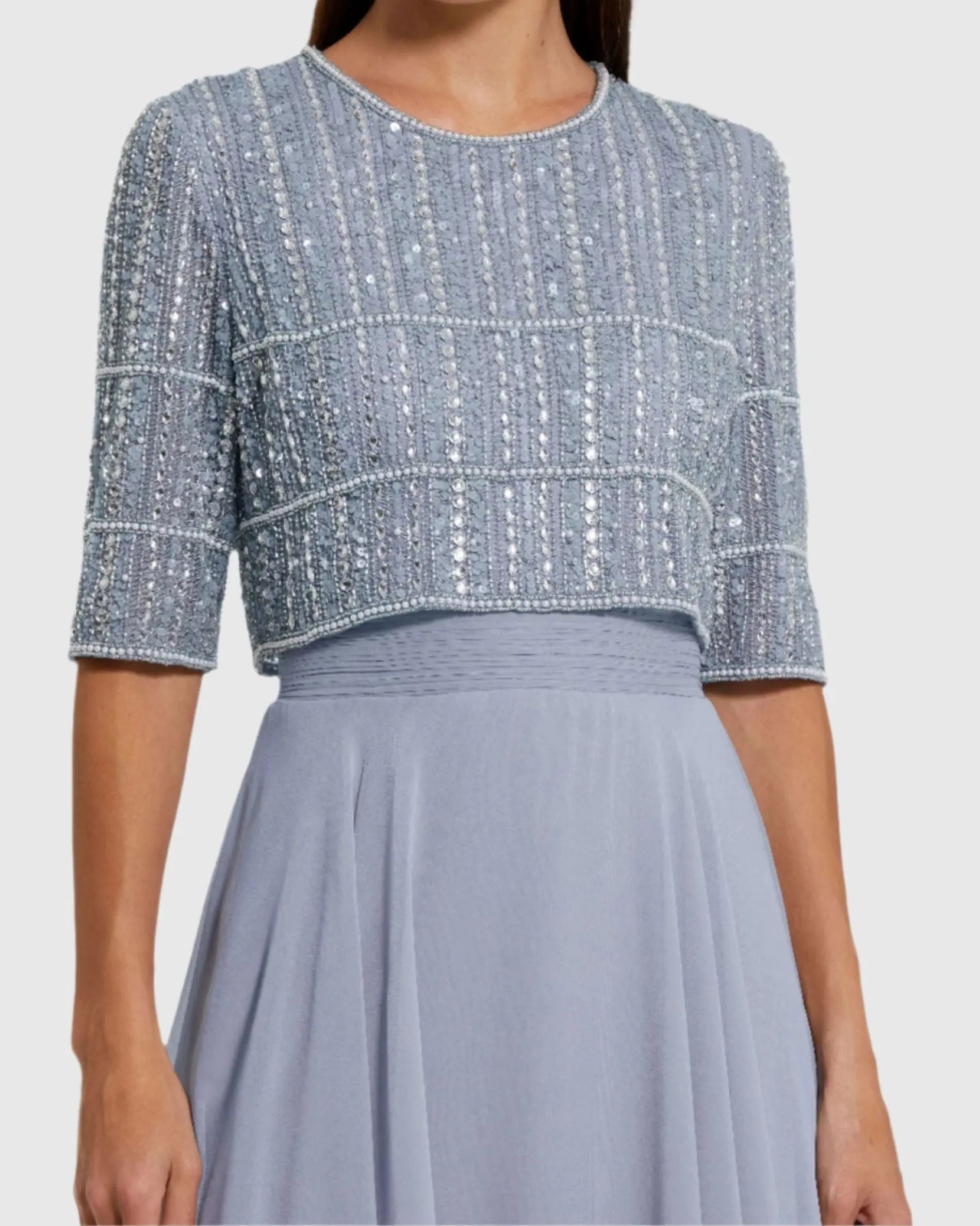 Blue Chiffon Gown w/ Fully Beaded 3/4 Sleeve Top