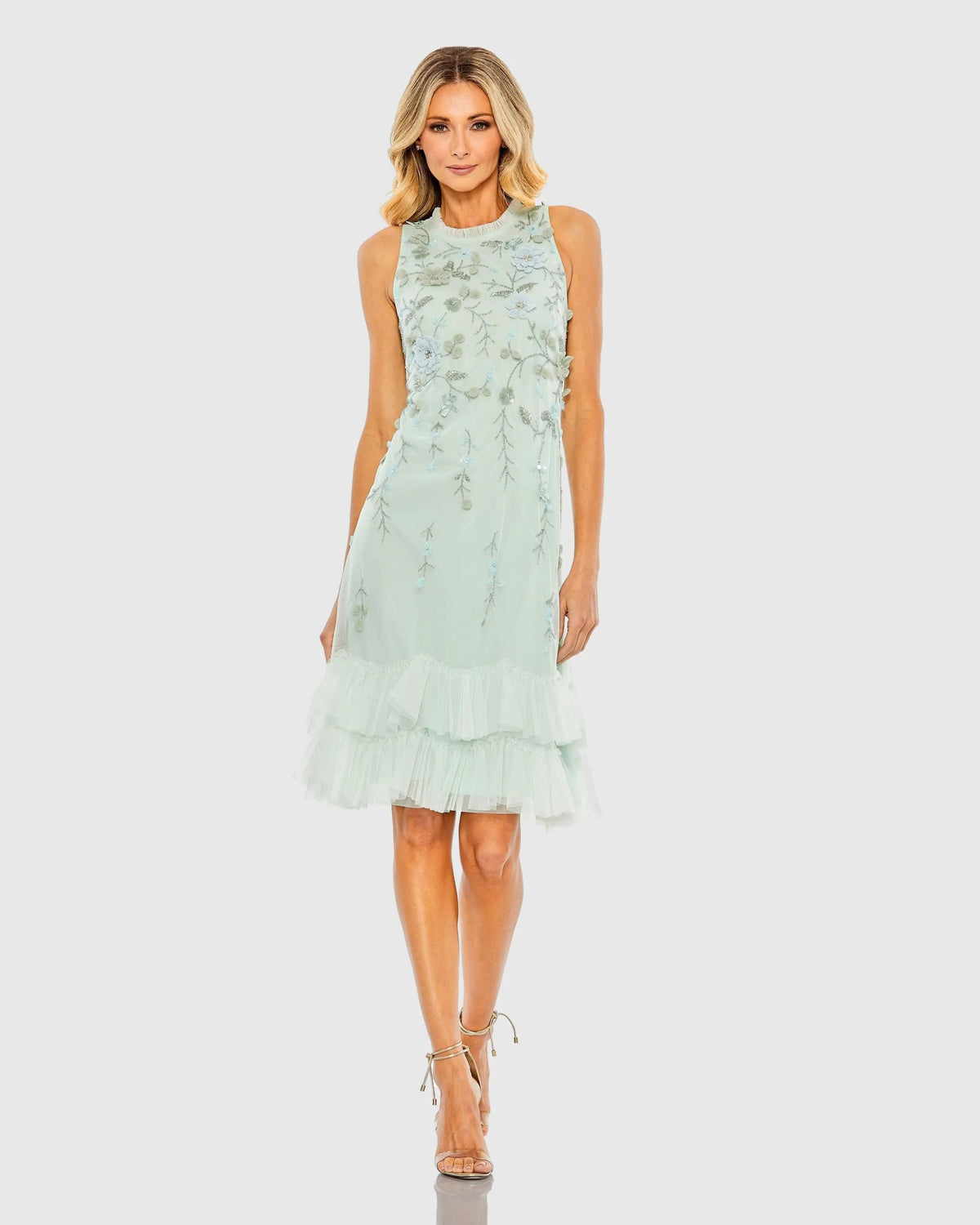 Green Embellished Ruffle Tiered High Neck Floral Dress