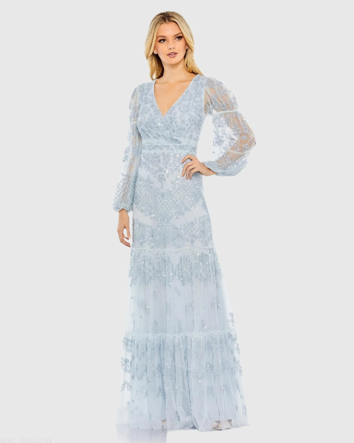 Blue Sequined Tiered Wrap Over Puff Sleeve Gown