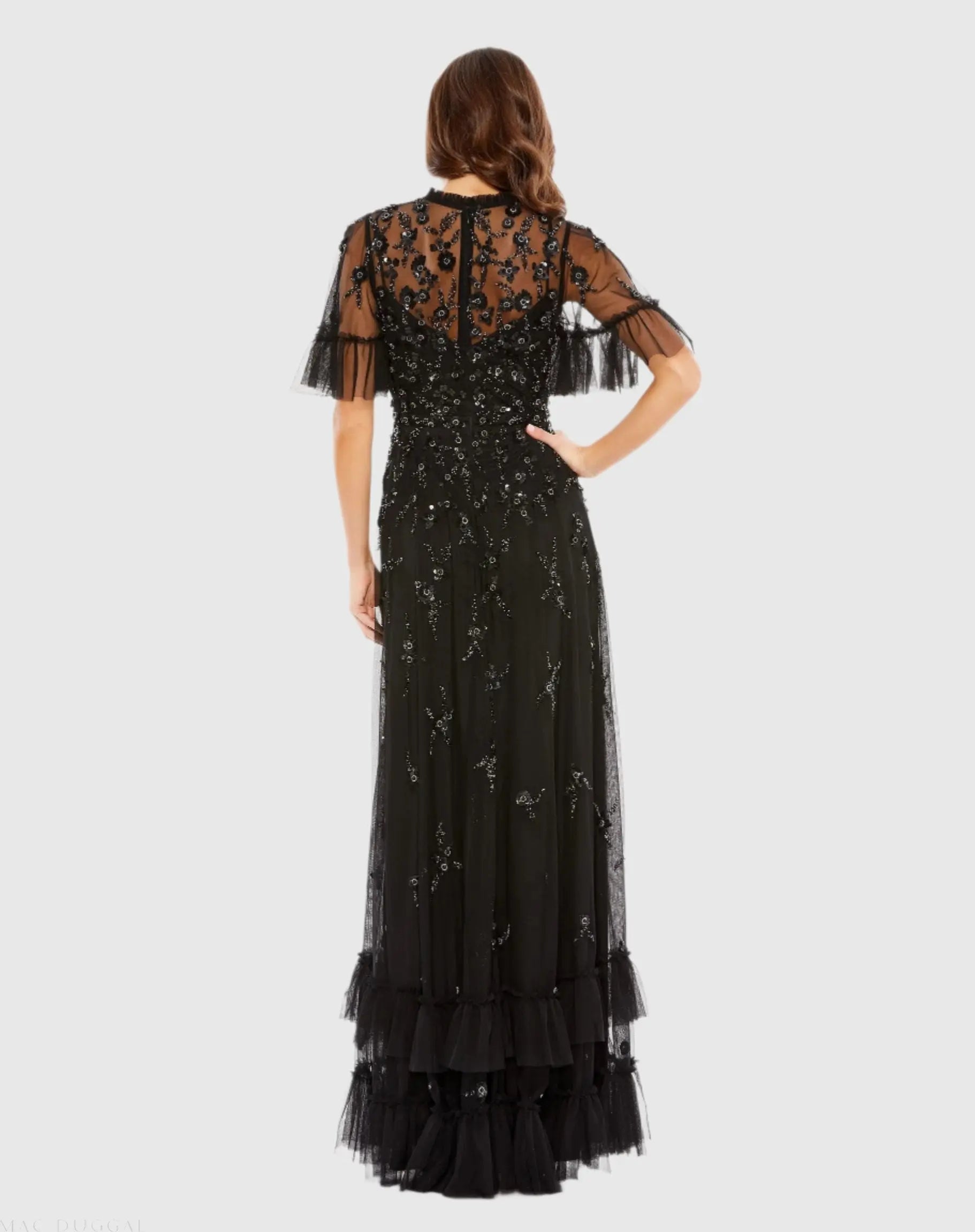 Black Ruffled Floral Embellished Flutter Sleeve A-Line Gown
