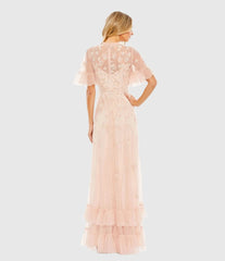 Pink Ruffled Floral Embellished Flutter Sleeve A-Line Gown