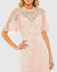 Pink Ruffled Floral Embellished Flutter Sleeve A-Line Gown