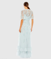 Blue Ruffled Floral Embellished Flutter Sleeve A-Line Gown