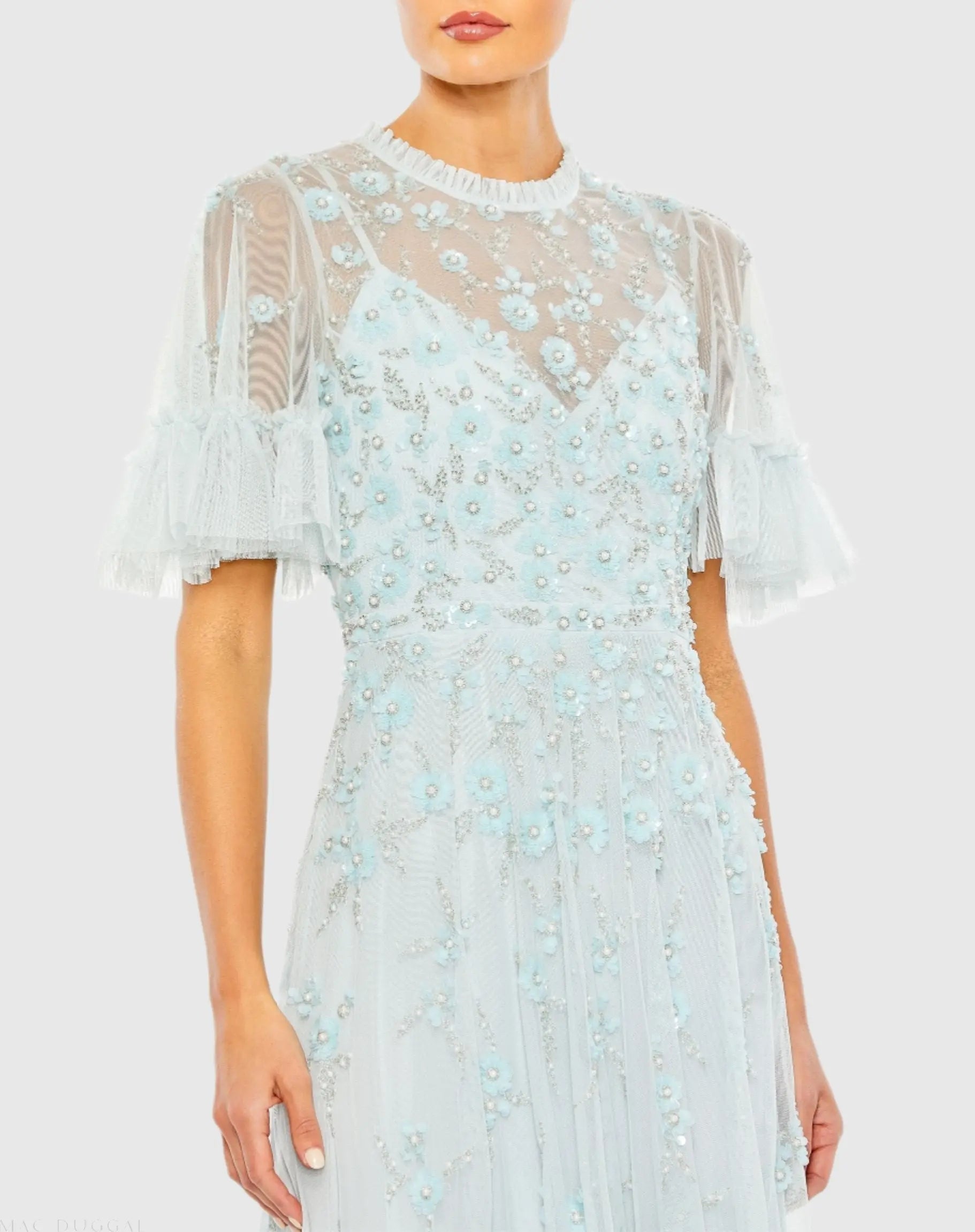 Blue Ruffled Floral Embellished Flutter Sleeve A-Line Gown