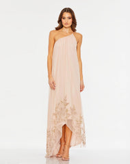 Pink Flowy One Shoulder Beaded Trapeze Gown