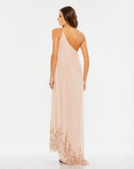 Pink Flowy One Shoulder Beaded Trapeze Gown