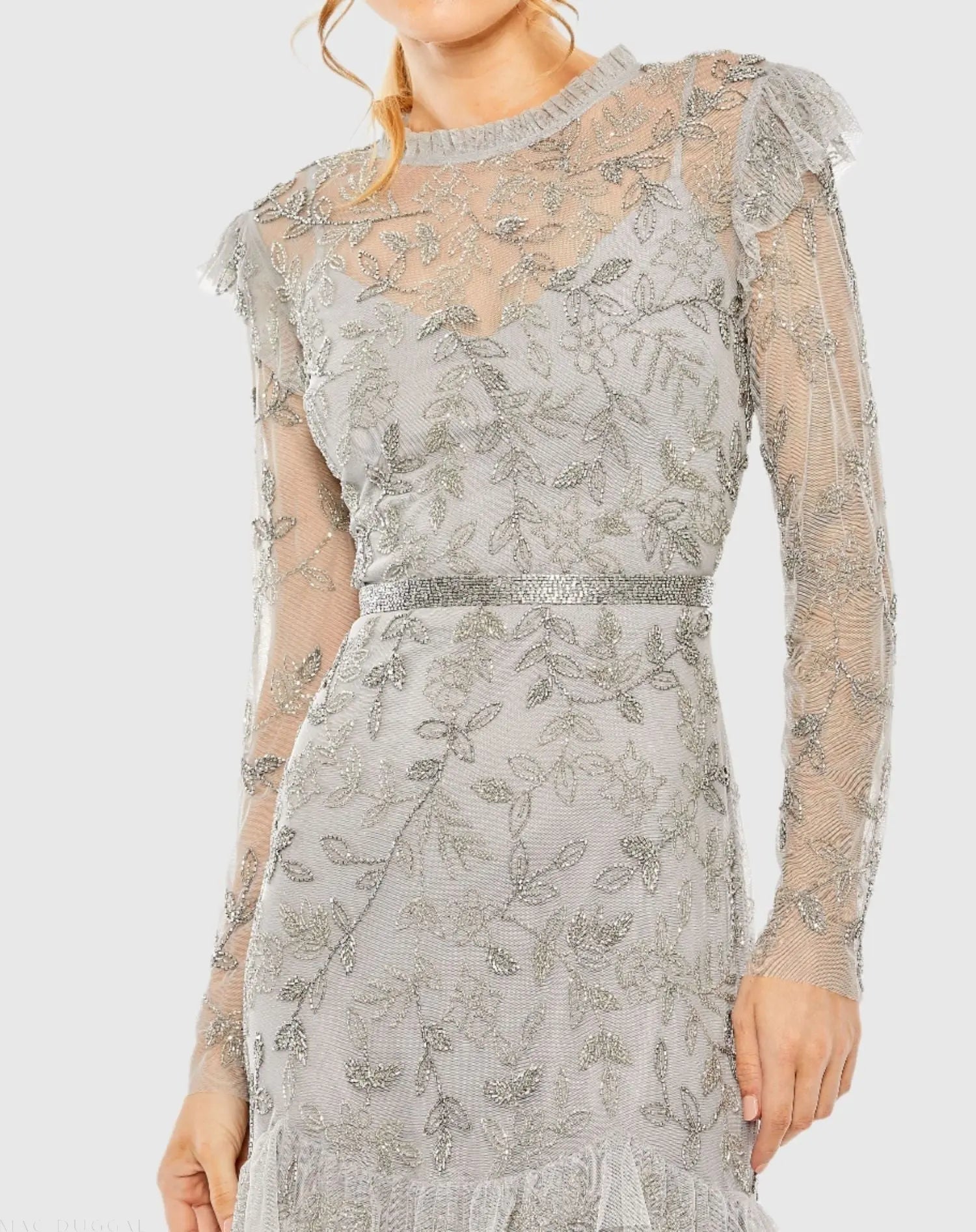 Silver High Neck Flutter Cap Long Sleeve Tiered Embellished Gown