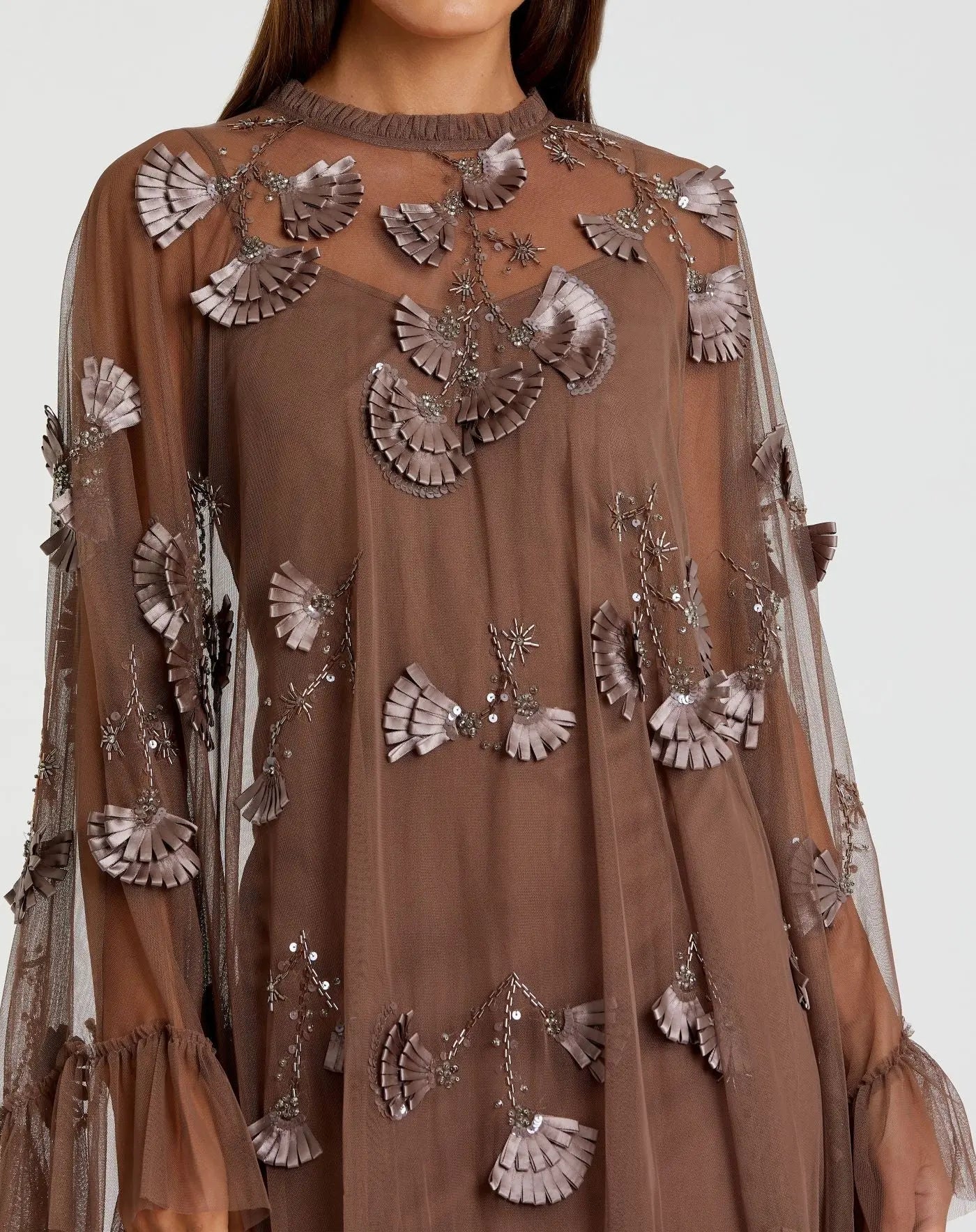 Brown Embellished Long Sleeve Trapeze Dress with Ruffle Hem
