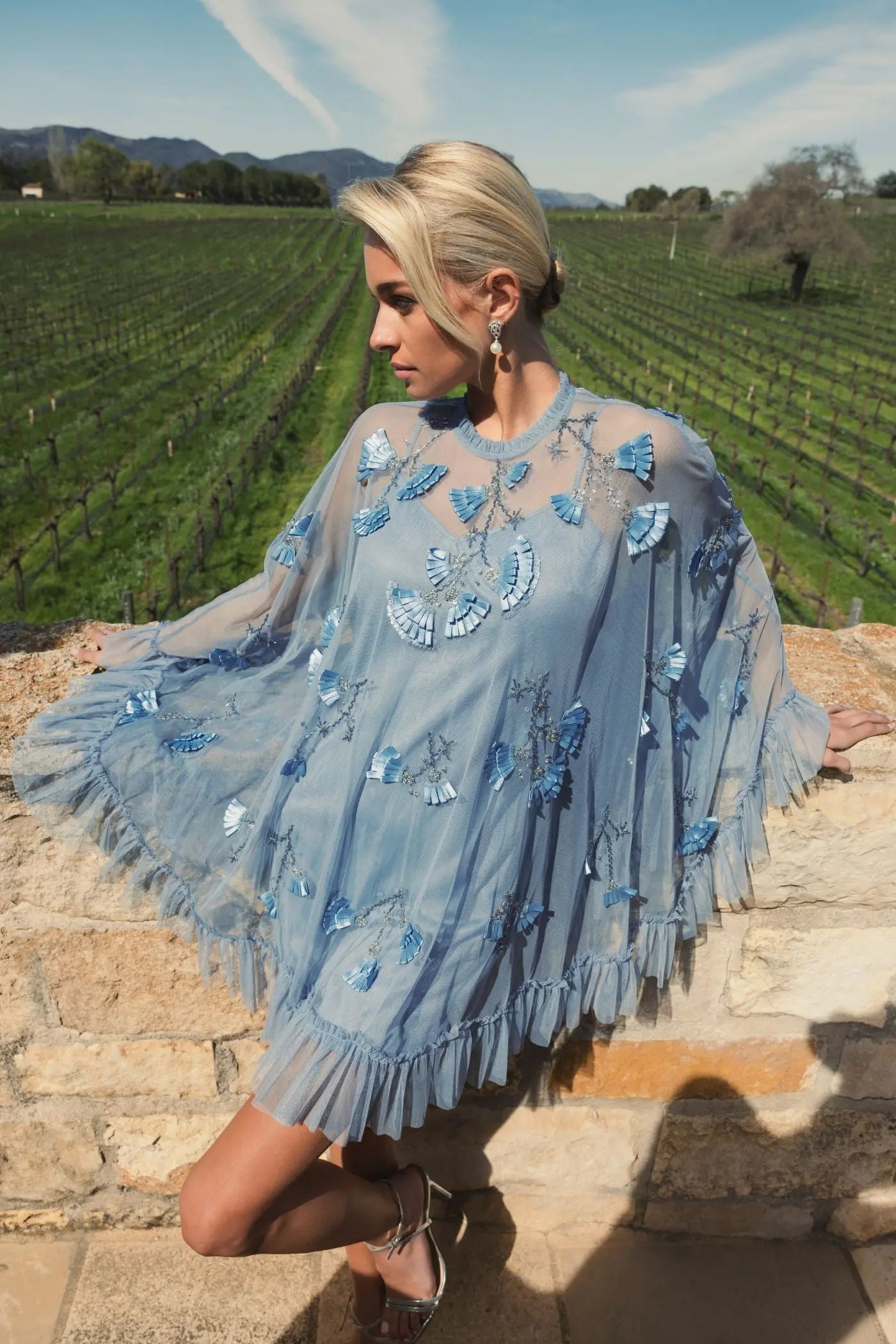 Blue Embellished Long Sleeve Trapeze Dress with Ruffle Hem