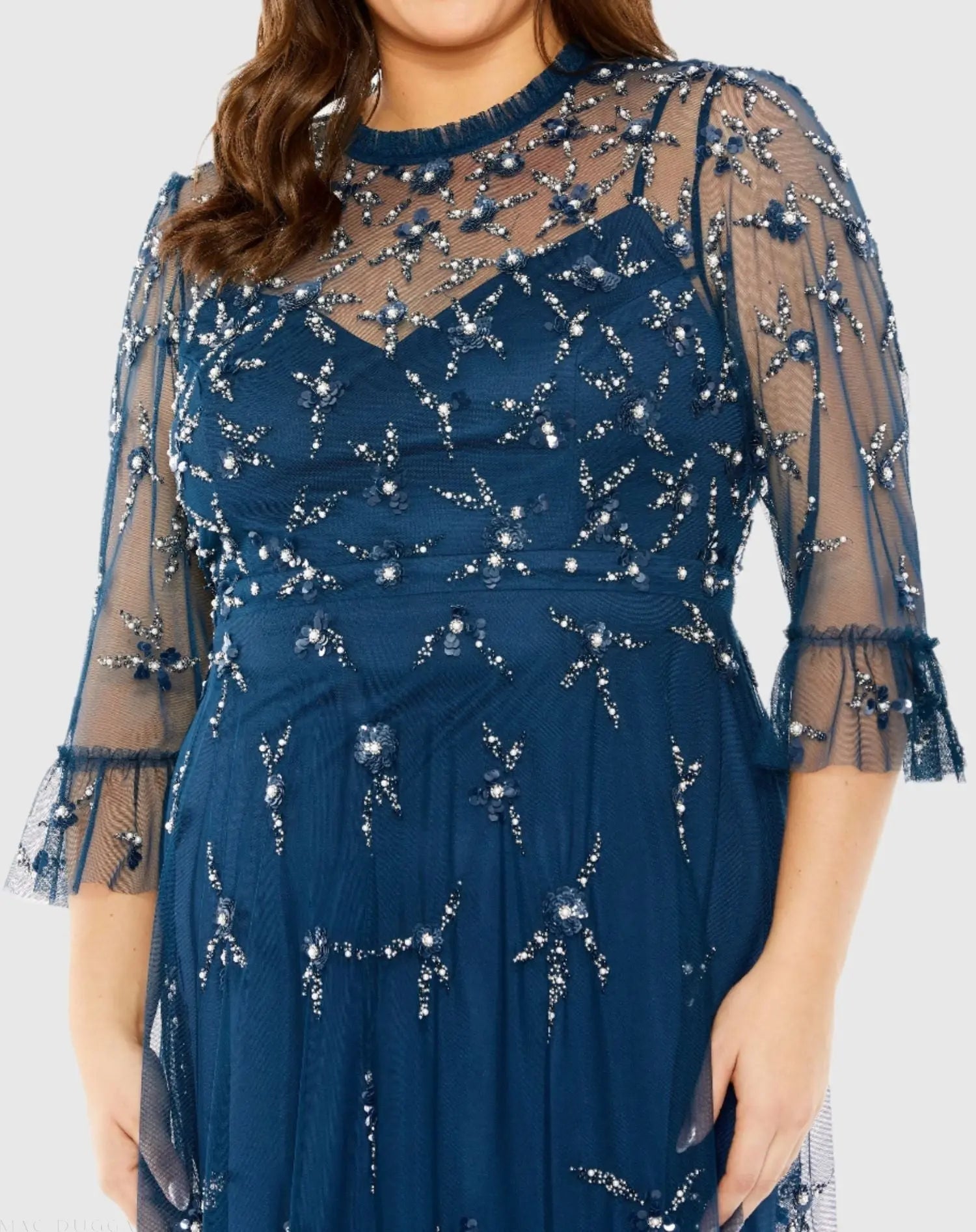 Navy High Neck Embellished Flutter Half Length Sleeve Dress