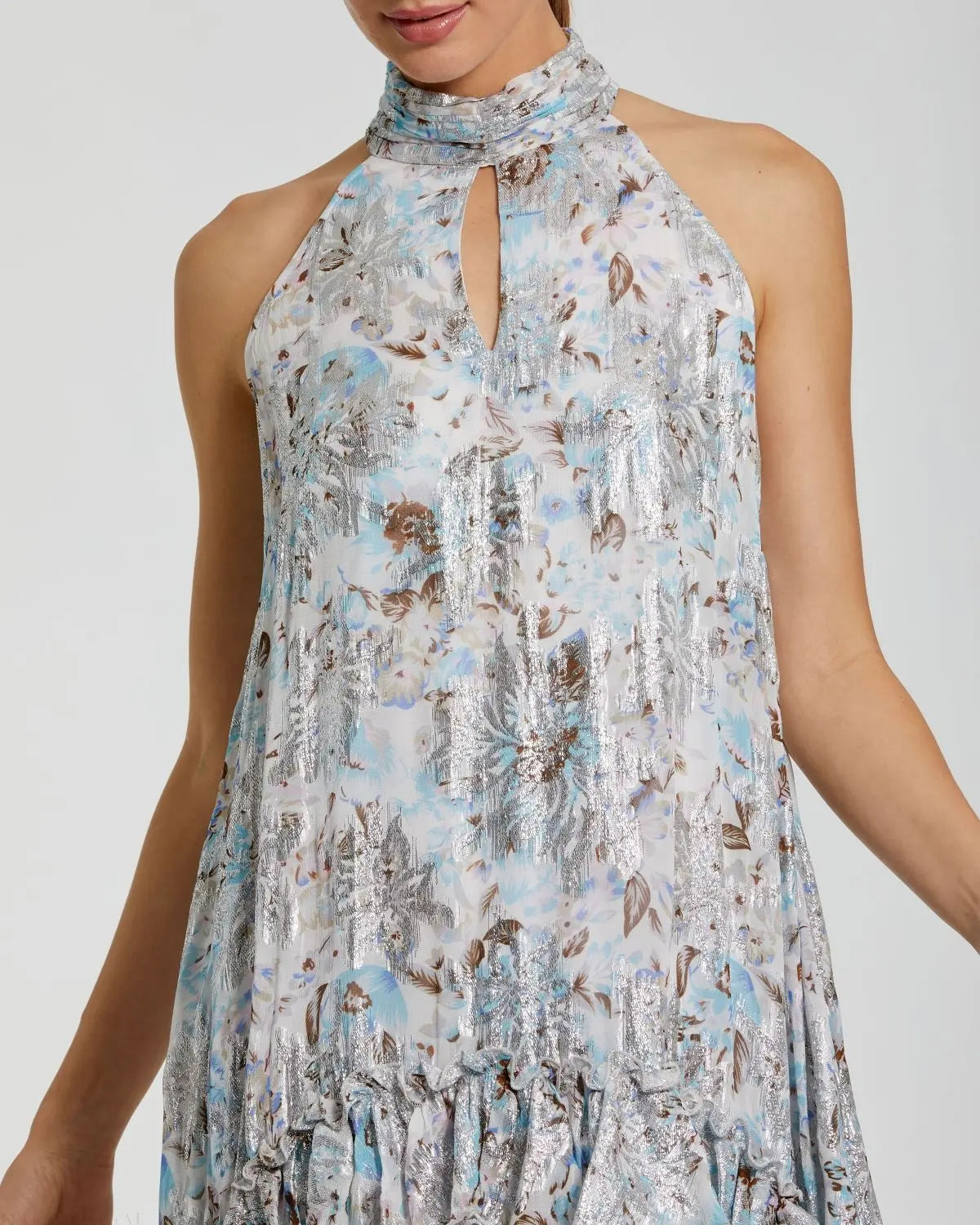 Multicolor Floral High Neck Keyhole Ruffle Mini Dress