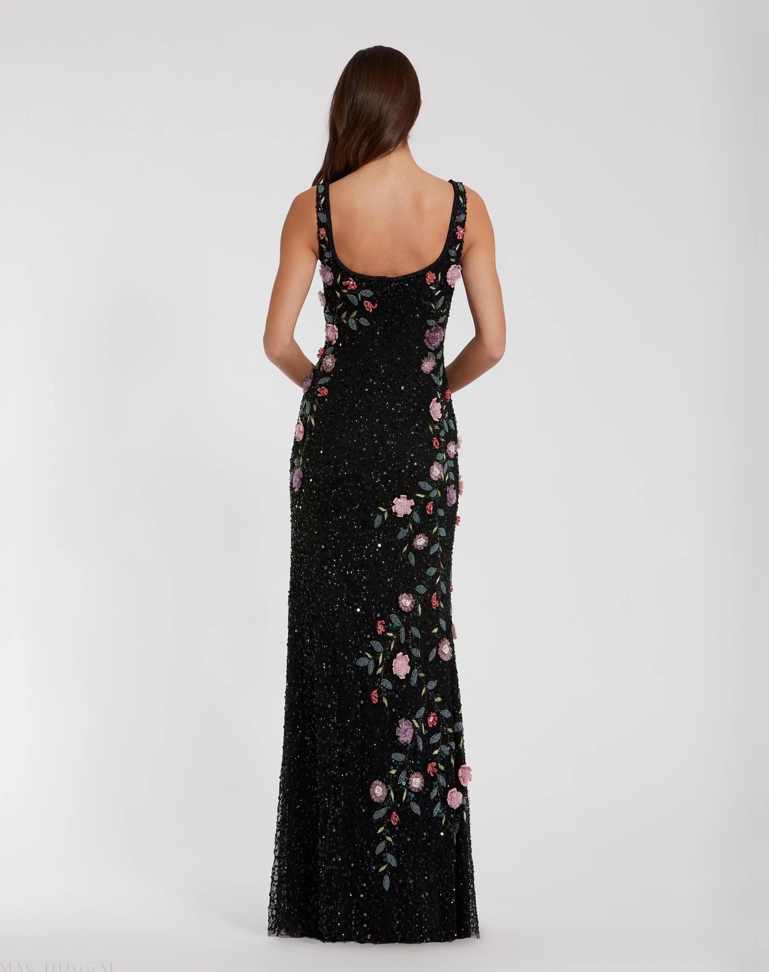 Black Floral Beaded Mesh Scoop Neck Sleeveless Gown