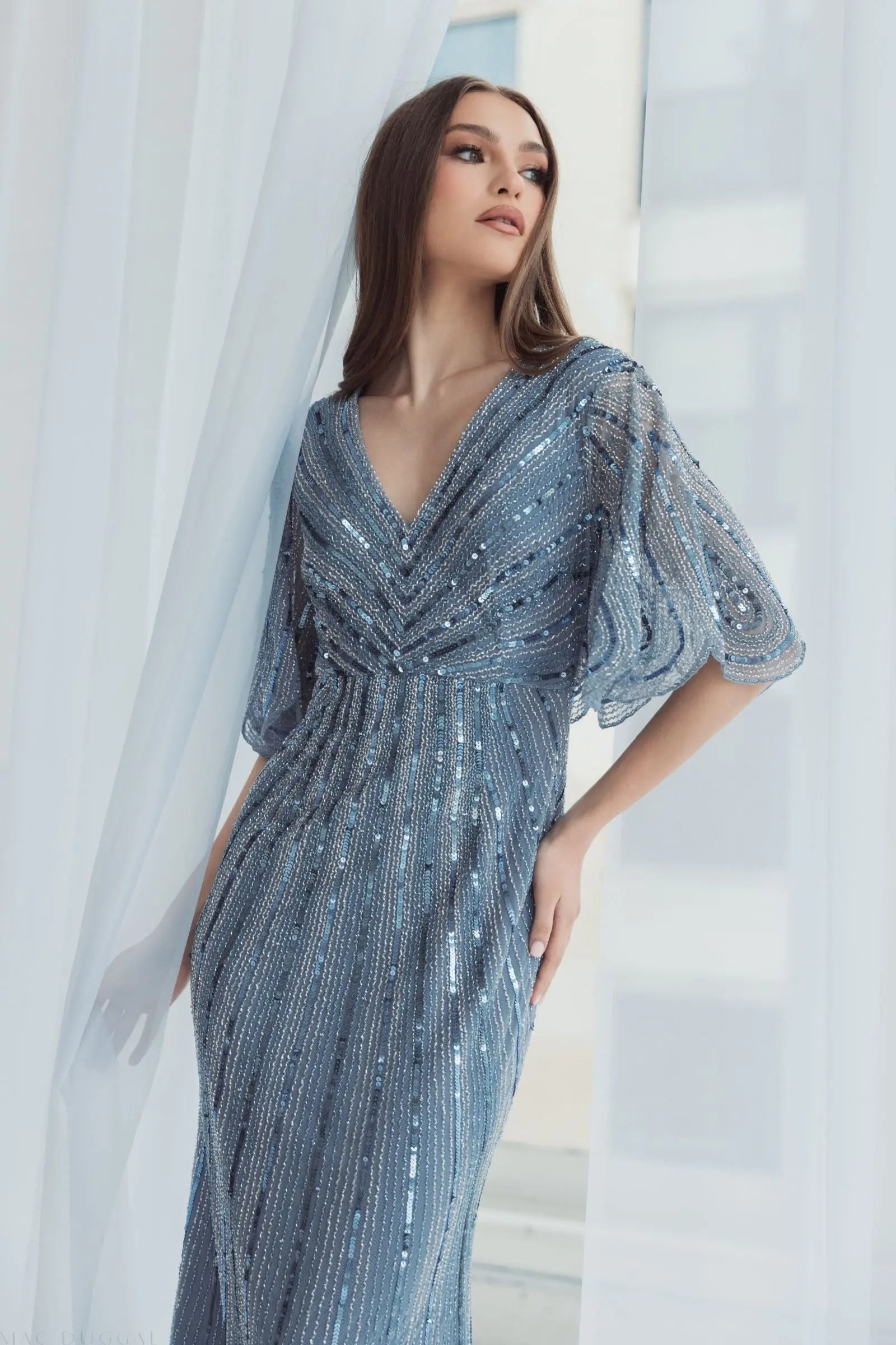 Blue Sequined V Neck Cape Sleeve Gown - FINAL SALE