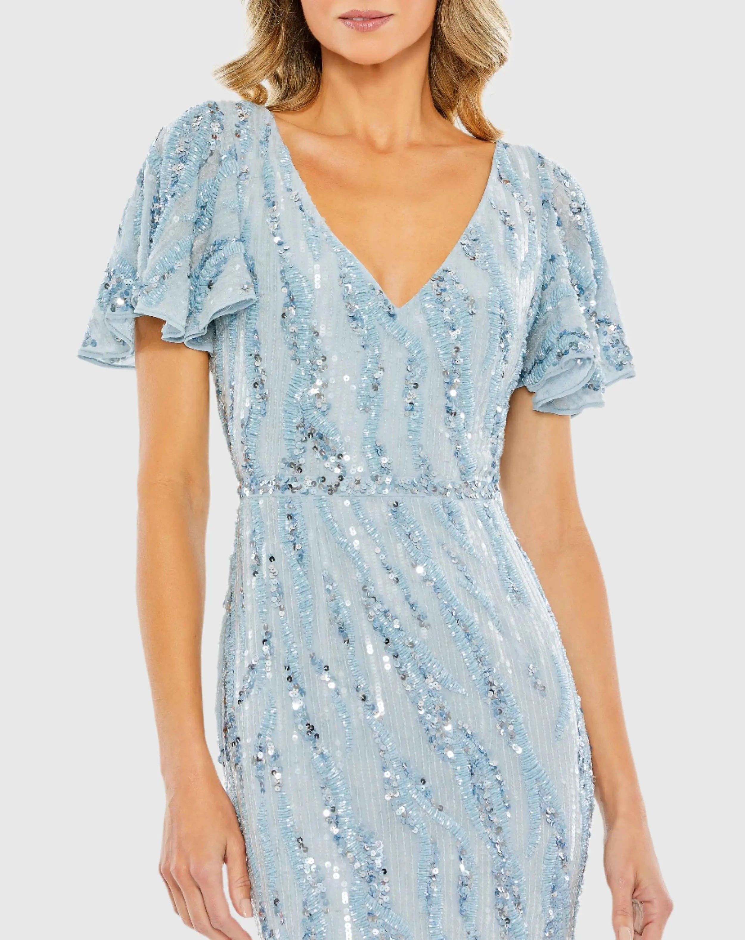 Blue Sequined V Neck Flutter Sleeve Tea Length Dress