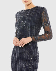 Navy Embellished High Neck Illusion Long Sleeve Gown