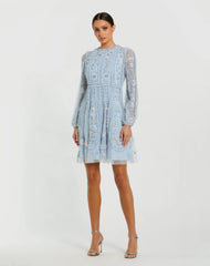 Blue Floral Mesh Long Sleeve Micro Ruffle Mini Dress