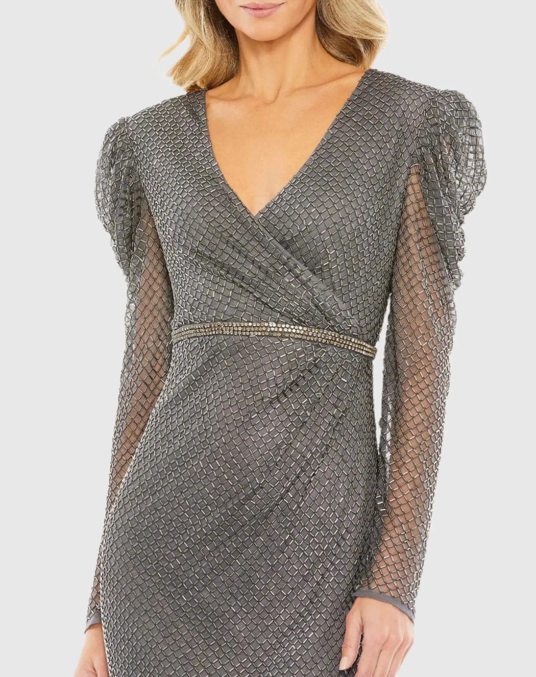Gray Beaded Wrap Over Puff Sleeve Dress