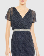 Navy Beaded Short Sleeve Column Gown