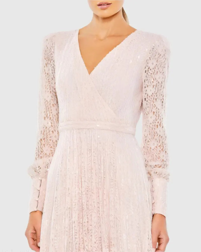 Pink Beaded Lace Long Sleeve Wrap Over Gown
