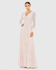Beaded Lace Long Sleeve Wrap Over Gown