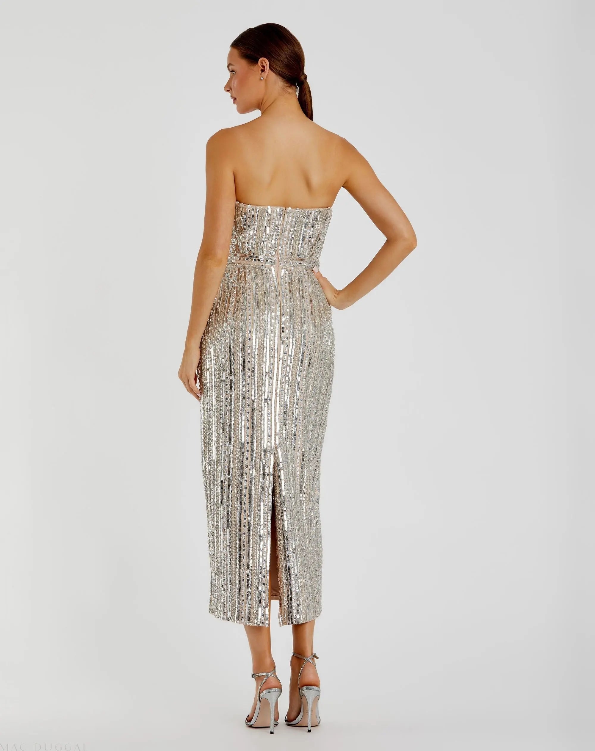 Silver and Beige Embellished Strapless Sheath Dress