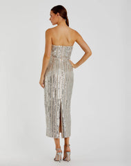 Silver and Beige Embellished Strapless Sheath Dress