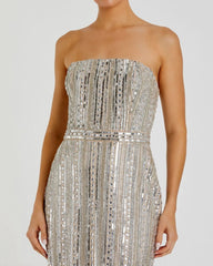Silver and Beige Embellished Strapless Sheath Dress