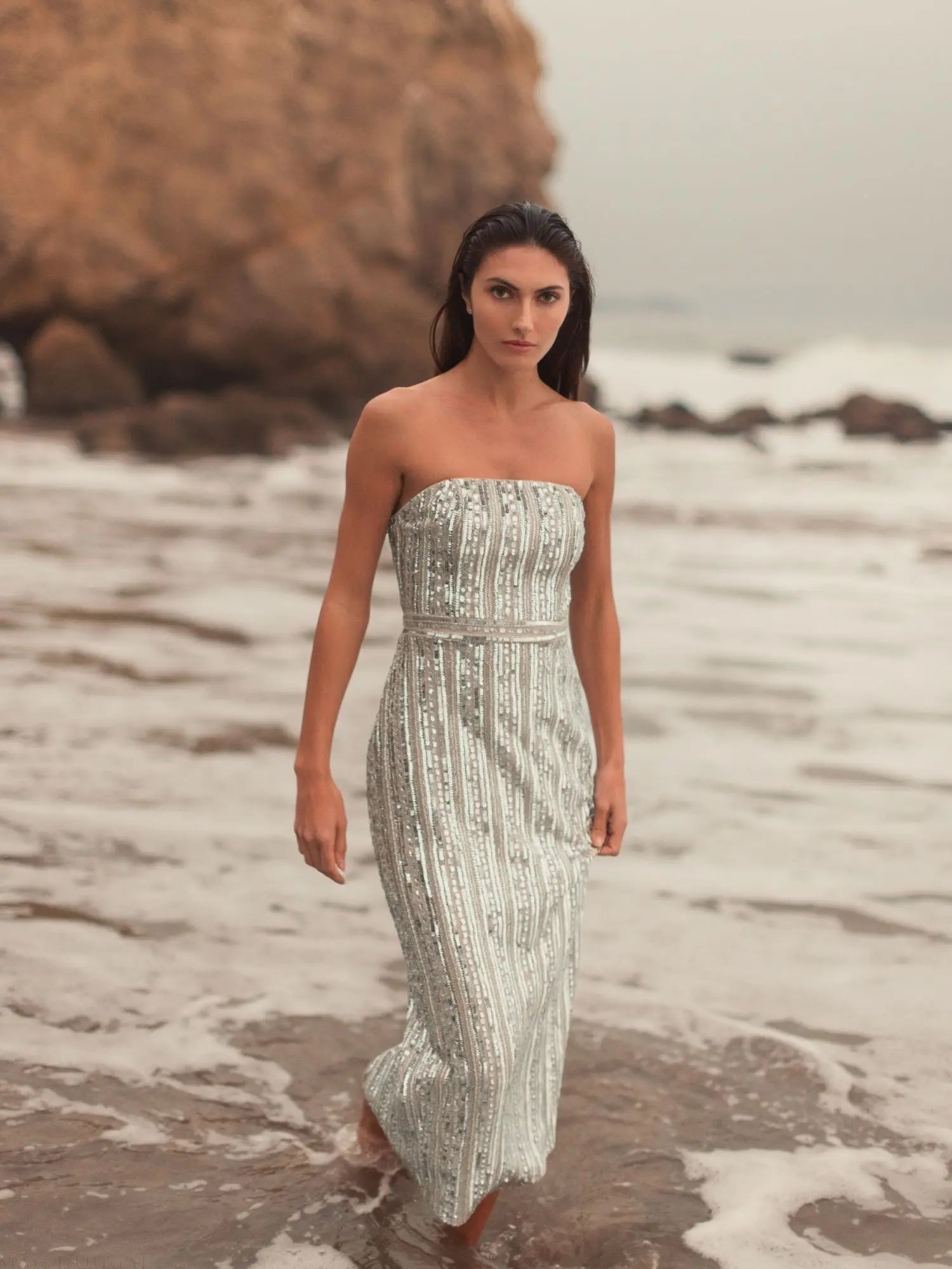 Silver and Beige Embellished Strapless Sheath Dress