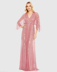 Pink Beaded Striping Kimono Sleeve V Neck Gown