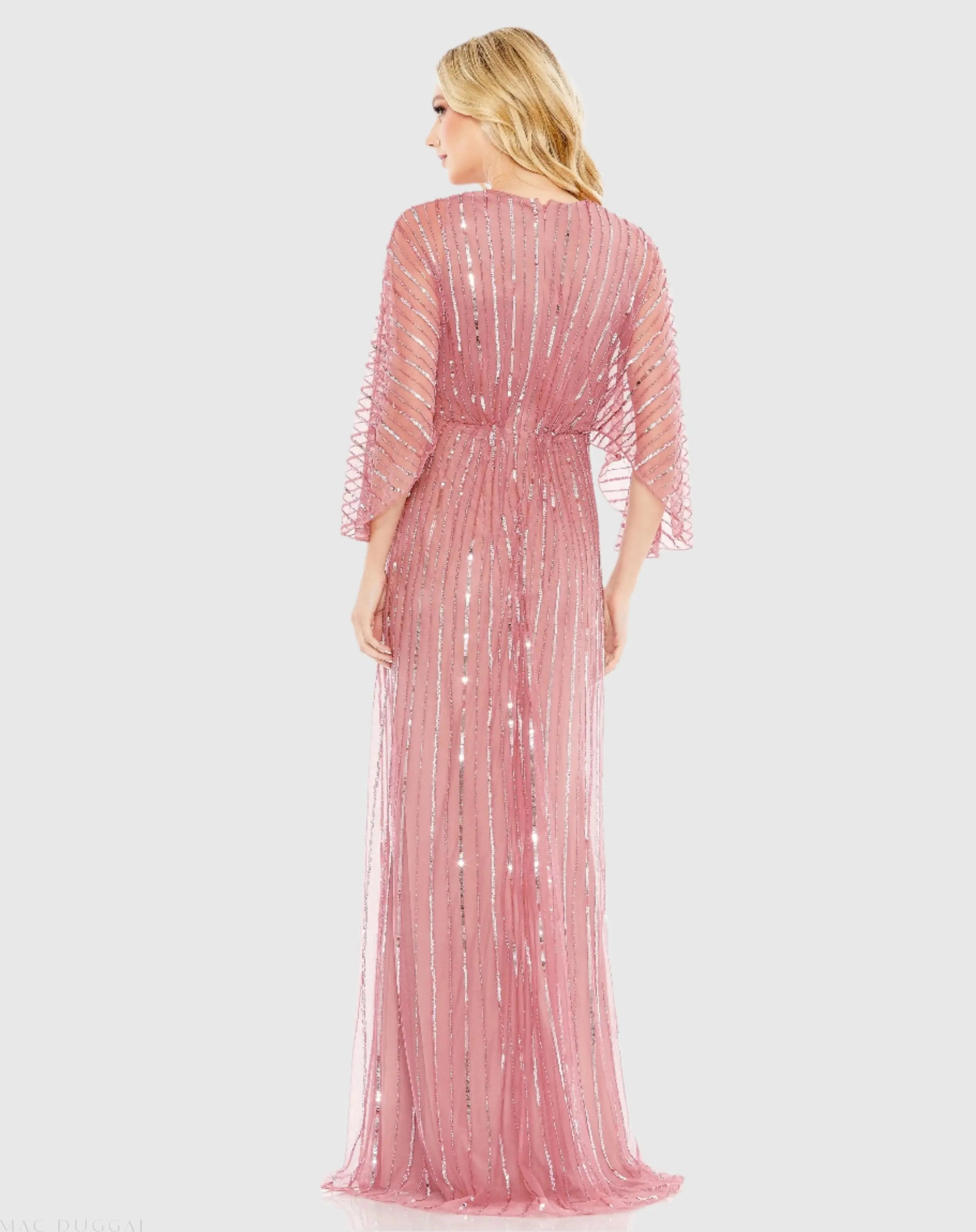 Pink Beaded Striping Kimono Sleeve V Neck Gown
