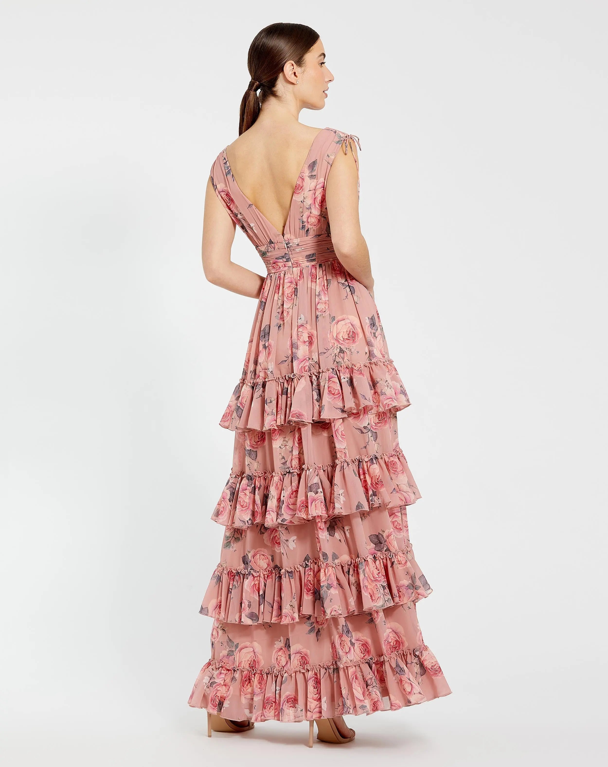 Pink Drawstring Shoulder Chiffon Tiered Floral Dress