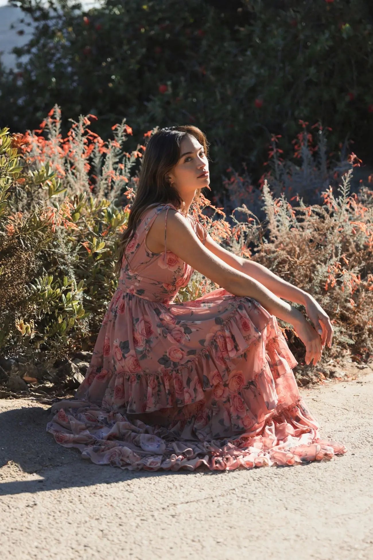 Pink Drawstring Shoulder Chiffon Tiered Floral Dress