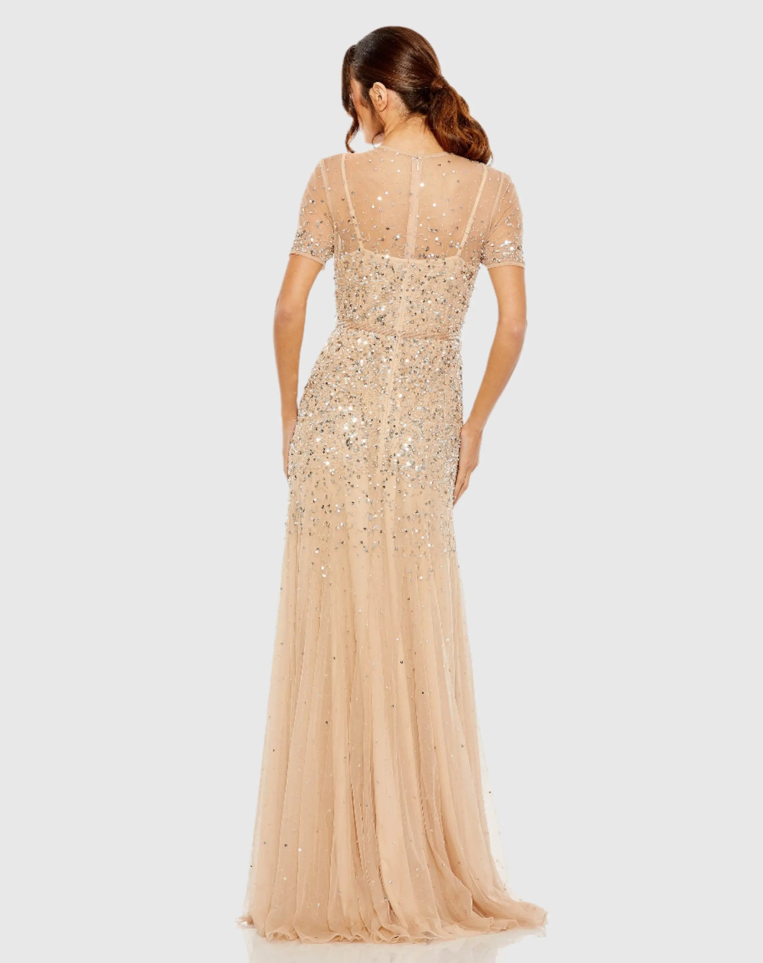 Gold High Neck Short Sleeve Sequin Embellished Gown