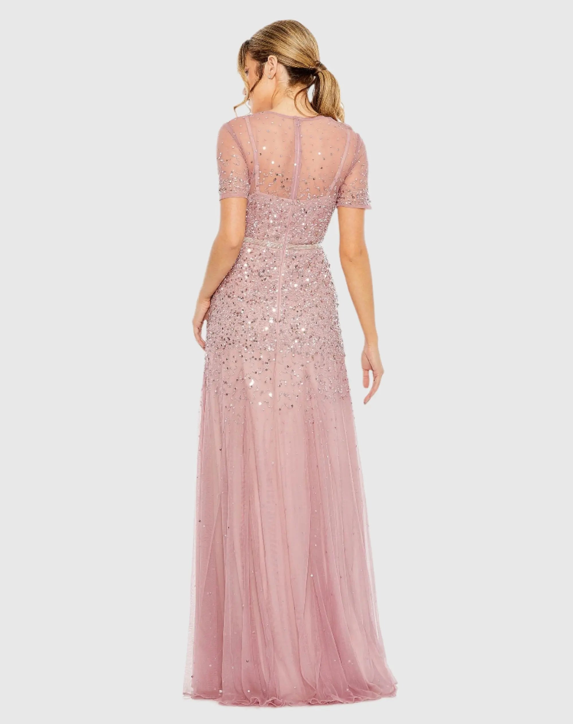 Pink High Neck Short Sleeve Sequin Embellished Gown