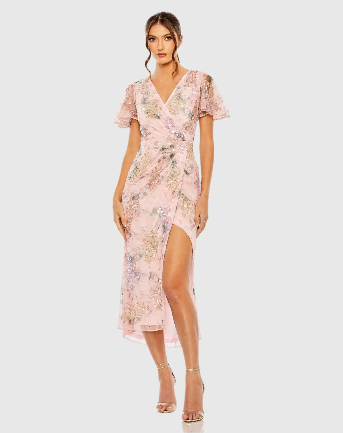 Pink Printed Mesh Flutter Sleeve Faux Wrap Midi Dress