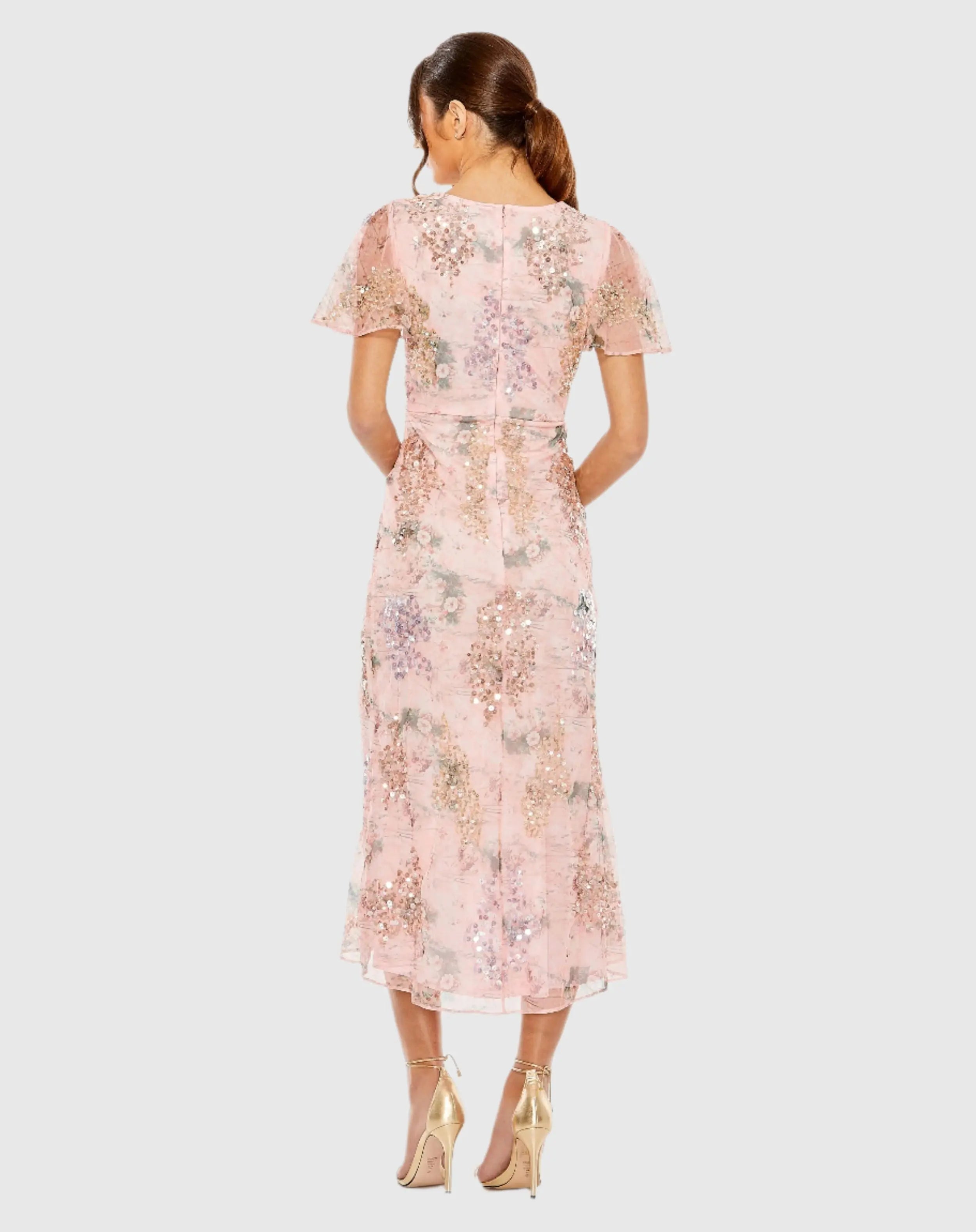 Pink Printed Mesh Flutter Sleeve Faux Wrap Midi Dress