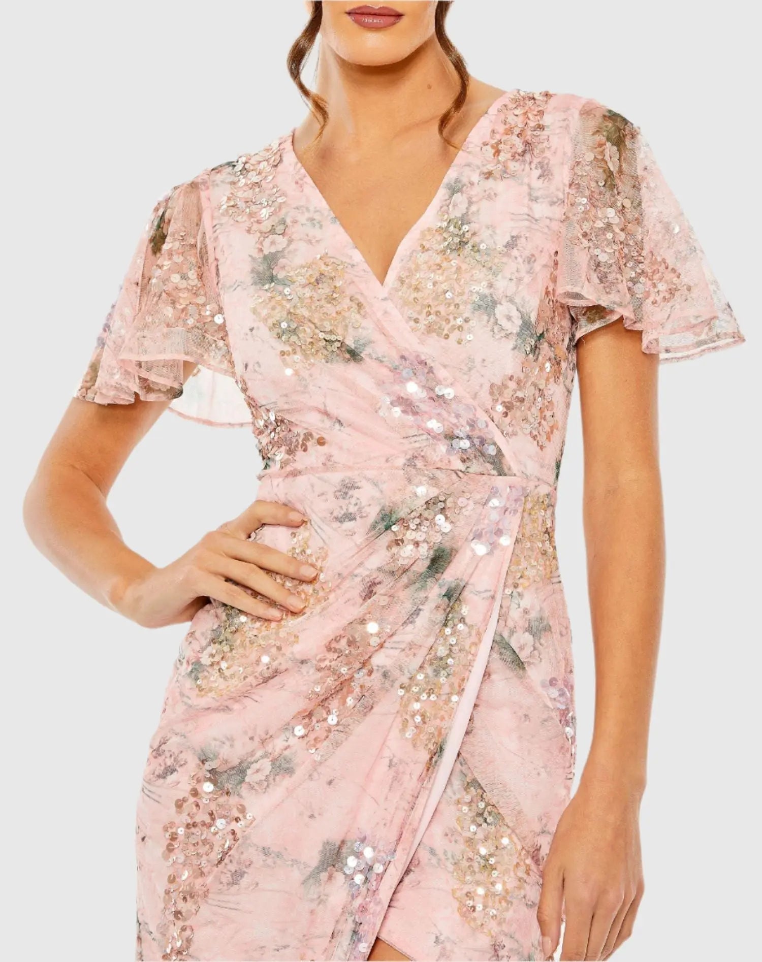 Pink Printed Mesh Flutter Sleeve Faux Wrap Midi Dress