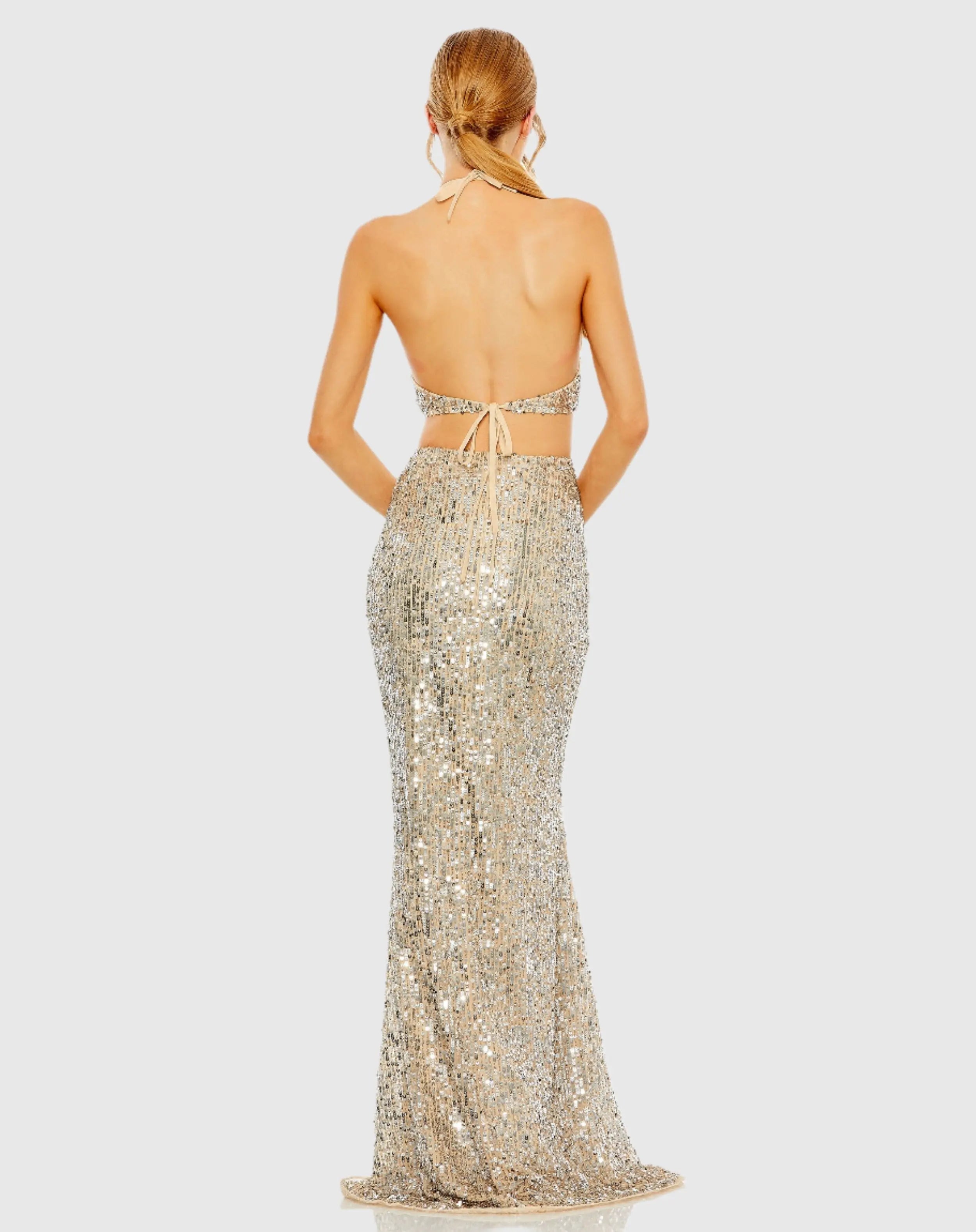 Silver and Beige Cut Out Halter Tie Back Sequin Gown