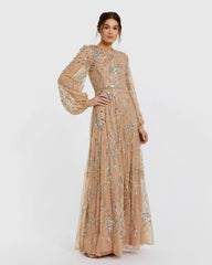 Beige Embellished High Neck Puff Sleeve Gown