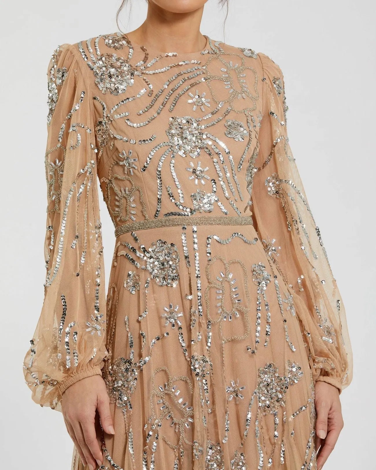 Beige Embellished High Neck Puff Sleeve Gown