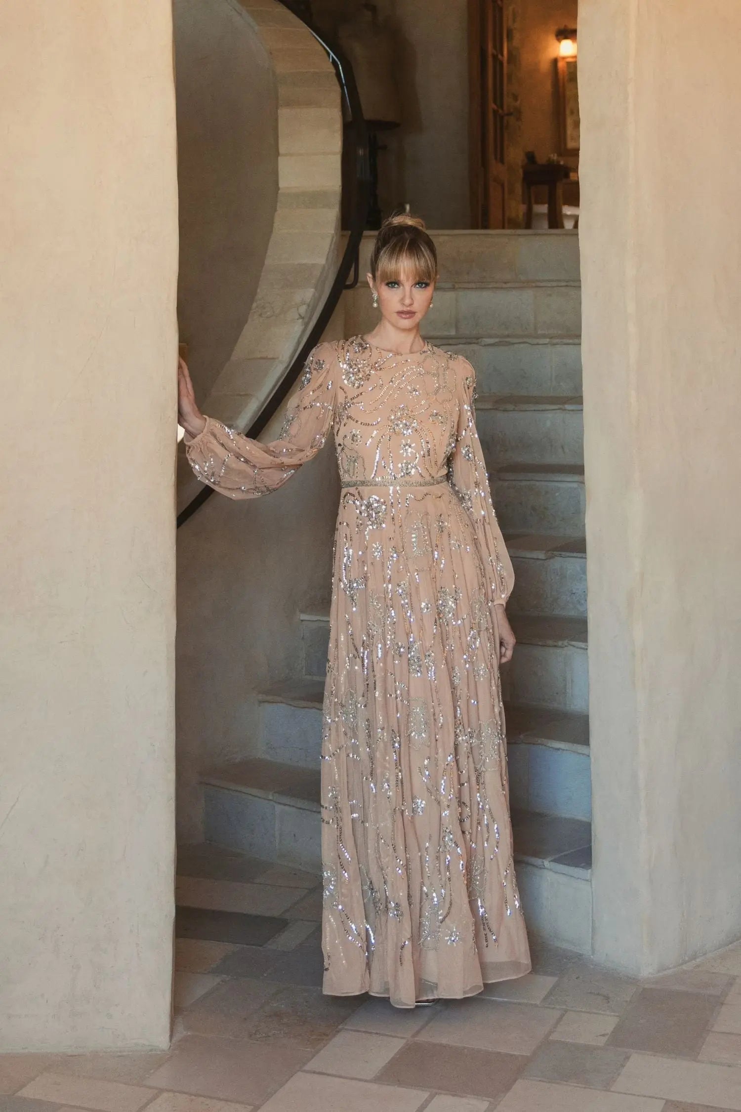 Beige Embellished High Neck Puff Sleeve Gown