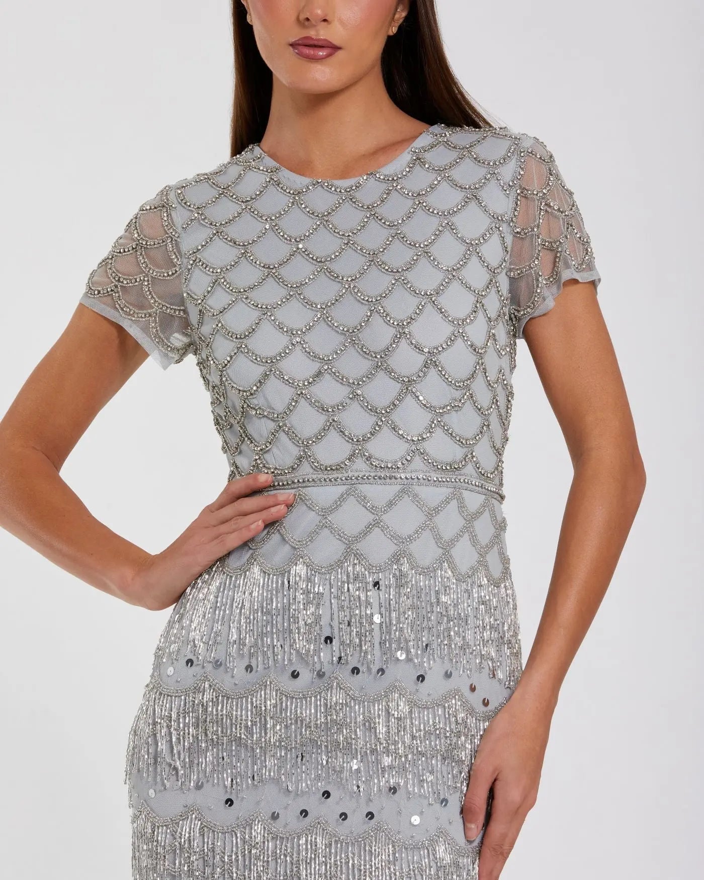 Blue Fringe Embellished Mesh Ankle Length Dress