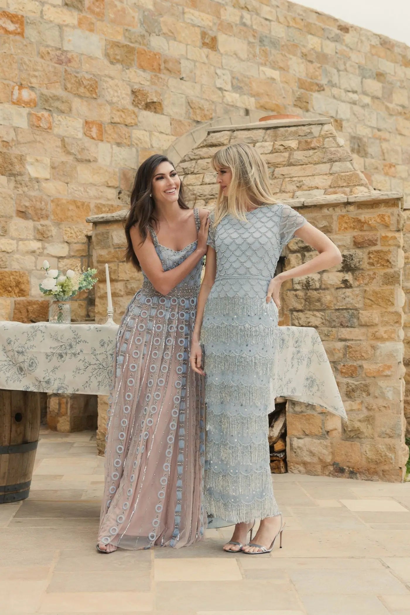 Blue Fringe Embellished Mesh Ankle Length Dress